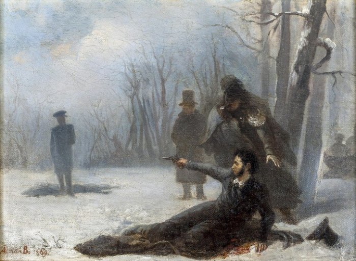 Дуэль Александра Пушкина с Жоржем Дантесом. Адриан Волков. Холст, масло. 1869